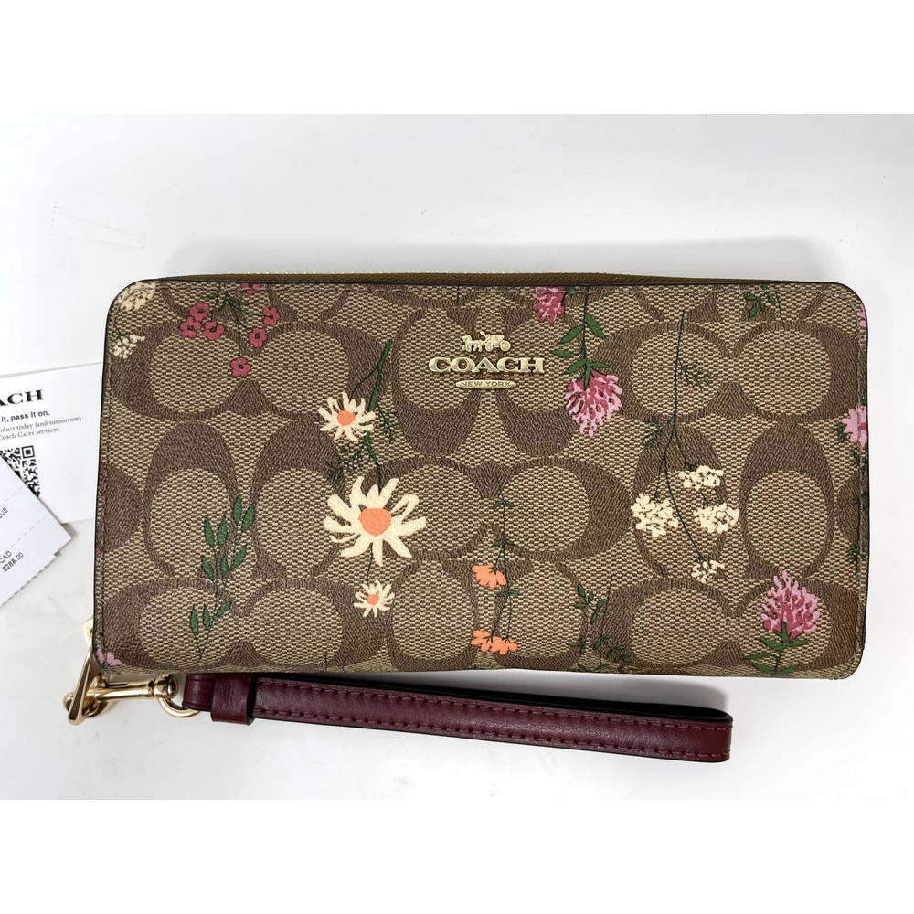 New Coach Leather Long Zip Around Wallet Signature Canvas In Wildflower Print - Picture 1 of 8